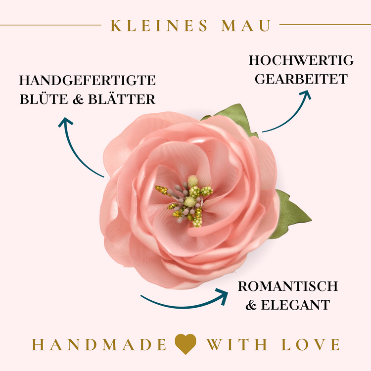 Rosa Rose fürs Haar | Blumenhaarclip "Kiss Me" mit rosa Blüte und Blättern aus Satin