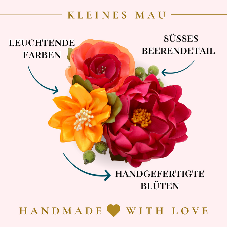 Tropischer Fascinator Haarclip "Exotic Trio" mit bunten handgefertigten Blüten aus Satin