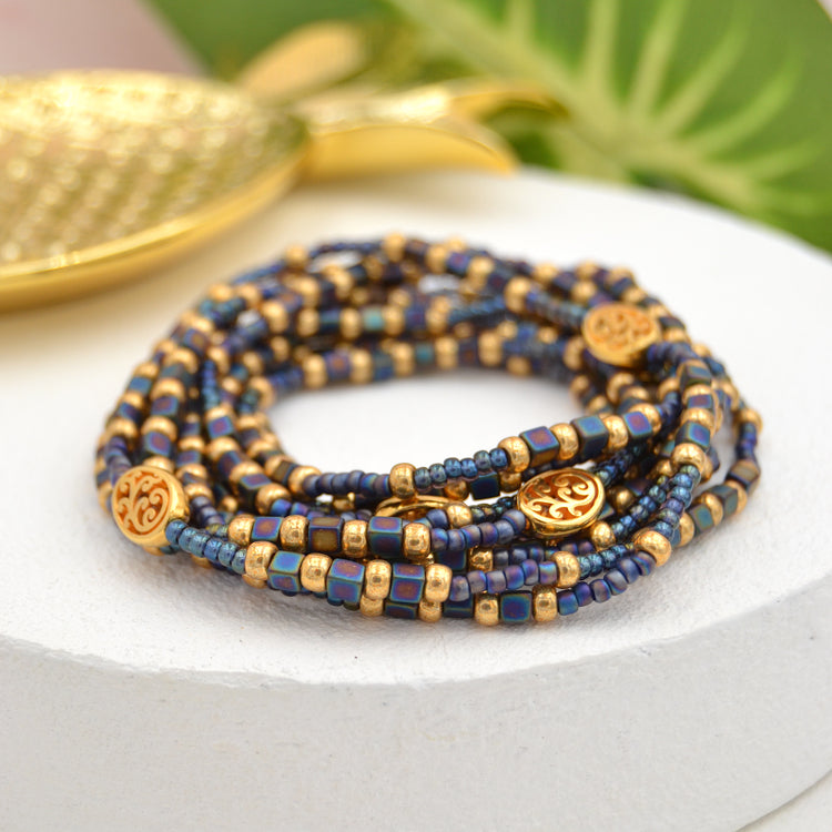 Langes Elastischen Perlen Wickelarmband "Bohemian Blue"
