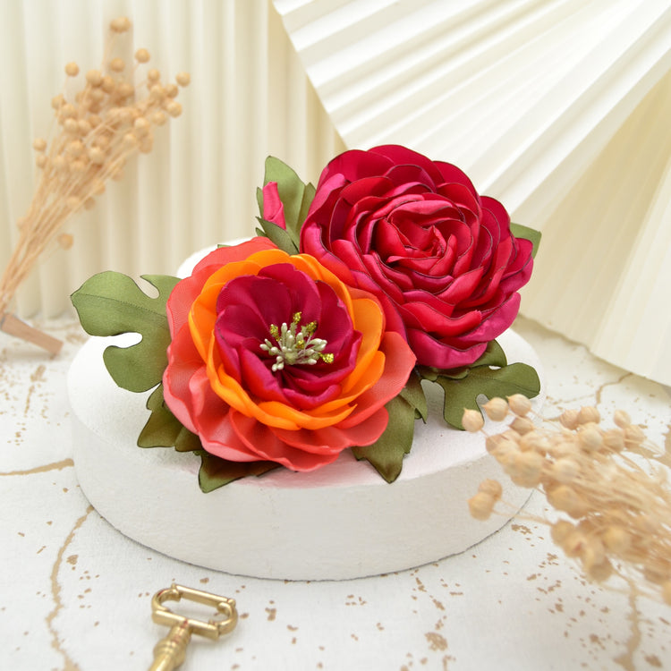 Tropisch Blumenhaarclip "Tropical Nights" Handgefertigte Blüten in Pink und Koralle