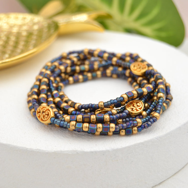 Langes Elastischen Perlen Wickelarmband "Bohemian Blue"
