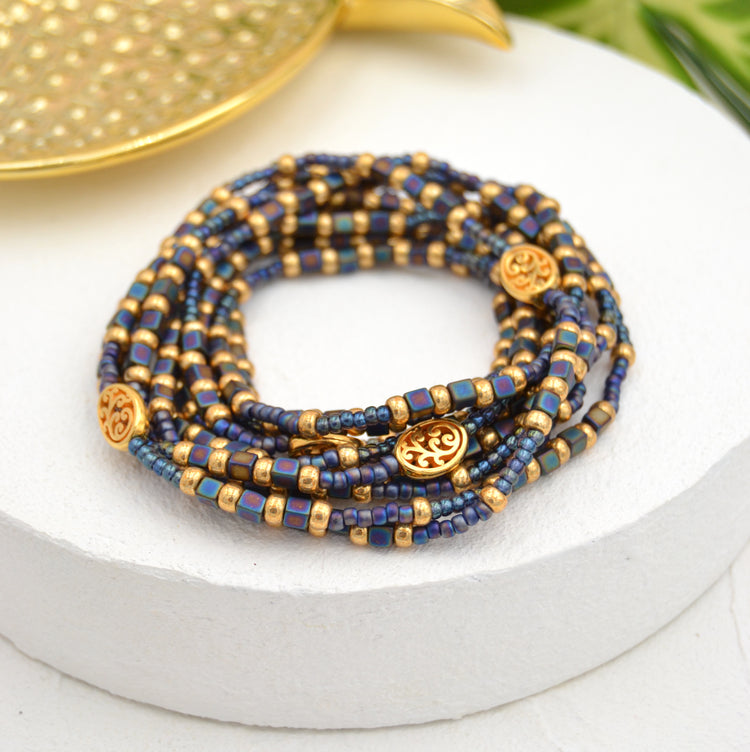 Langes Elastischen Perlen Wickelarmband "Bohemian Blue"