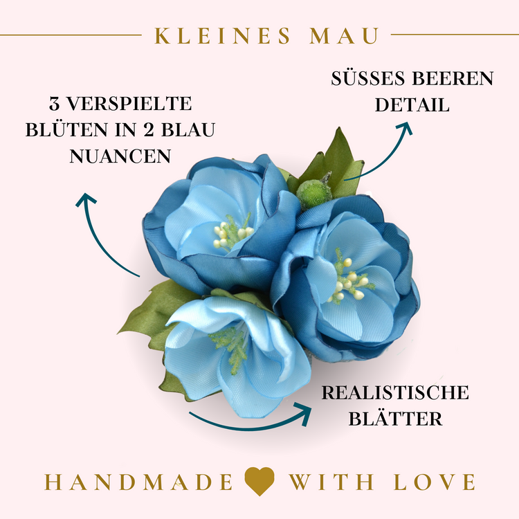 Haarclip "Something Blue" mit drei blauen Blumen aus Satin Stoff