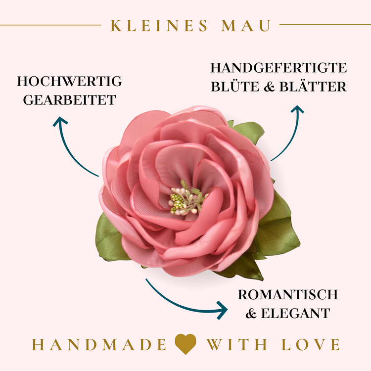 Altrosa Rose fürs Haar | Blumenhaarclip "Bien sur" mit rosa Blüte und Blättern aus Satin