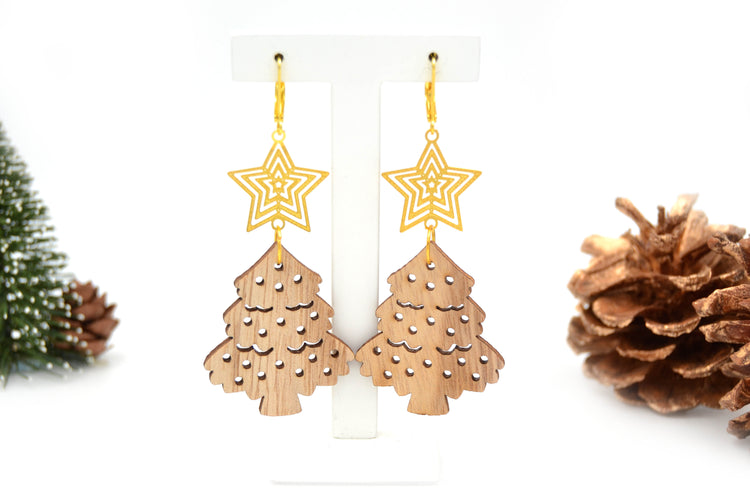 Ohrringe "Christmas Tree" Goldige Weihnachtsbaum Ohrringe aus Holz und Metall